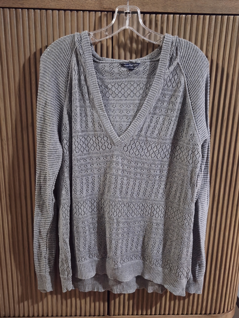 American Eagle Outfitters Light Gray V-Neck Open-Knit Sweater